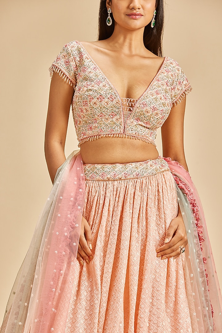 Blush Pink Georgette Gathered Wedding Lehenga Set by NITIKA GUJRAL at Pernia's Pop Up Shop