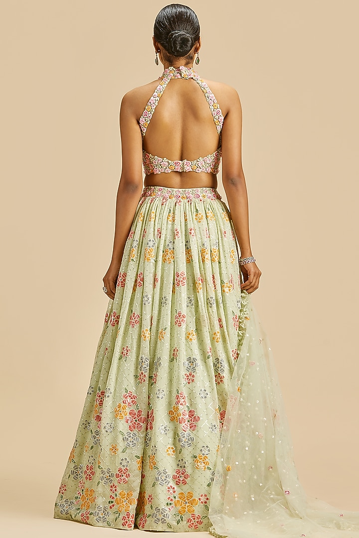 Lime Green Georgette Embroidered Wedding Lehenga Set by NITIKA GUJRAL at Pernia's Pop Up Shop