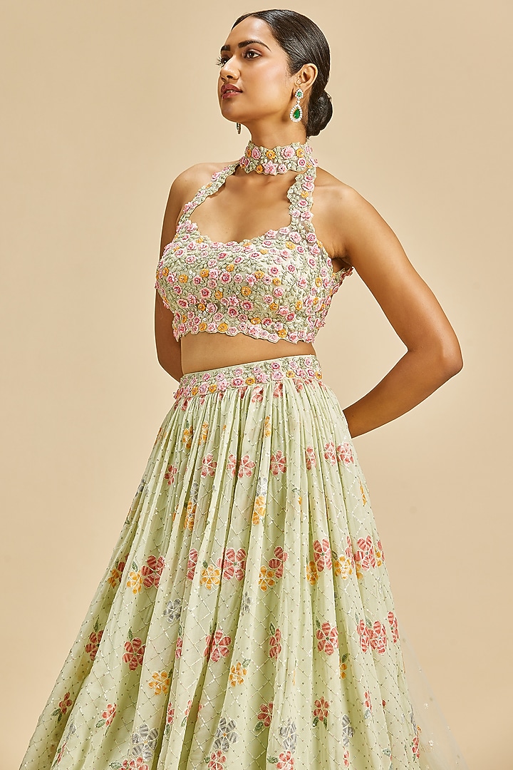 Lime Green Georgette Embroidered Wedding Lehenga Set by NITIKA GUJRAL at Pernia's Pop Up Shop