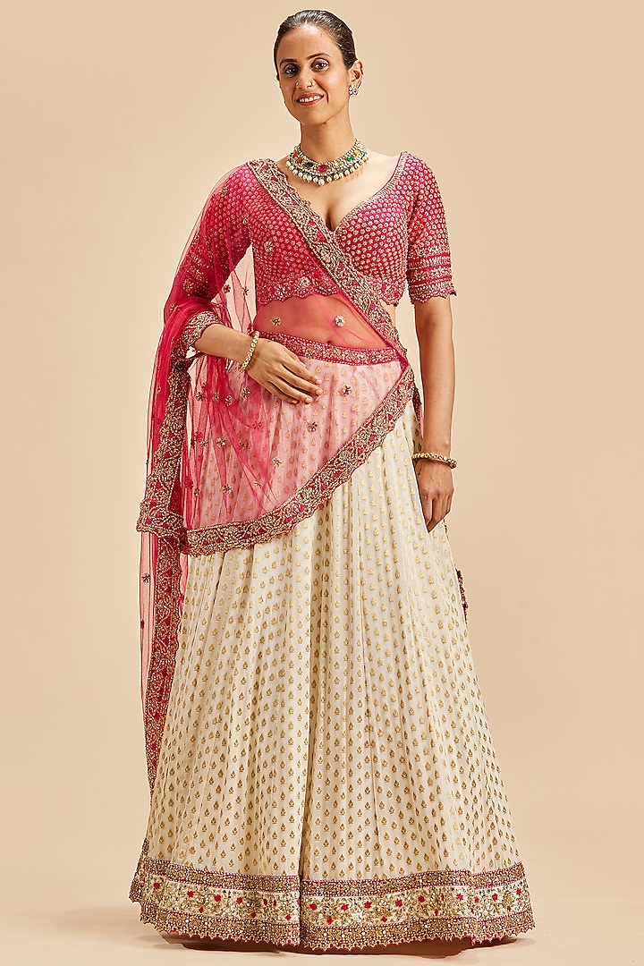 Ivory Georgette Zari Embroidered Banarasi Bridal Lehenga Set by NITIKA GUJRAL at Pernia's Pop Up Shop