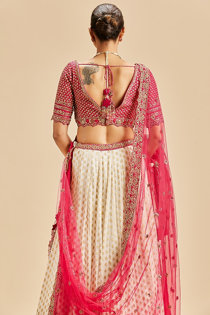 Ivory Georgette Zari Embroidered Banarasi Bridal Lehenga Set by NITIKA GUJRAL at Pernia's Pop Up Shop