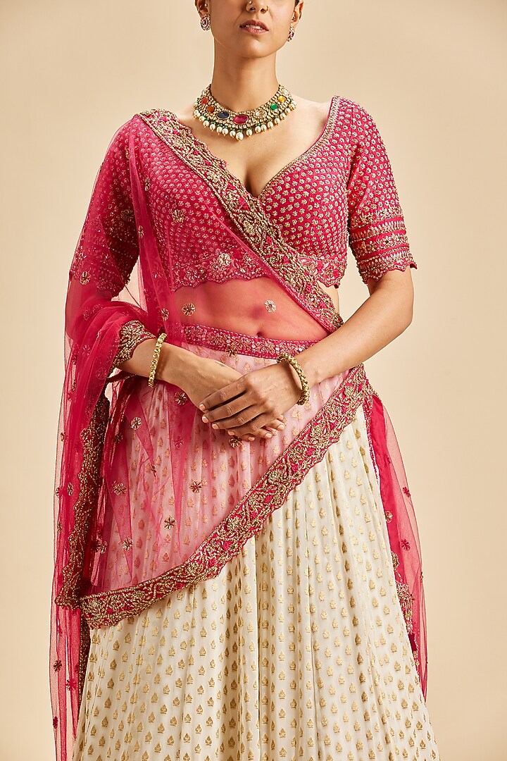 Ivory Georgette Zari Embroidered Banarasi Bridal Lehenga Set by NITIKA GUJRAL at Pernia's Pop Up Shop