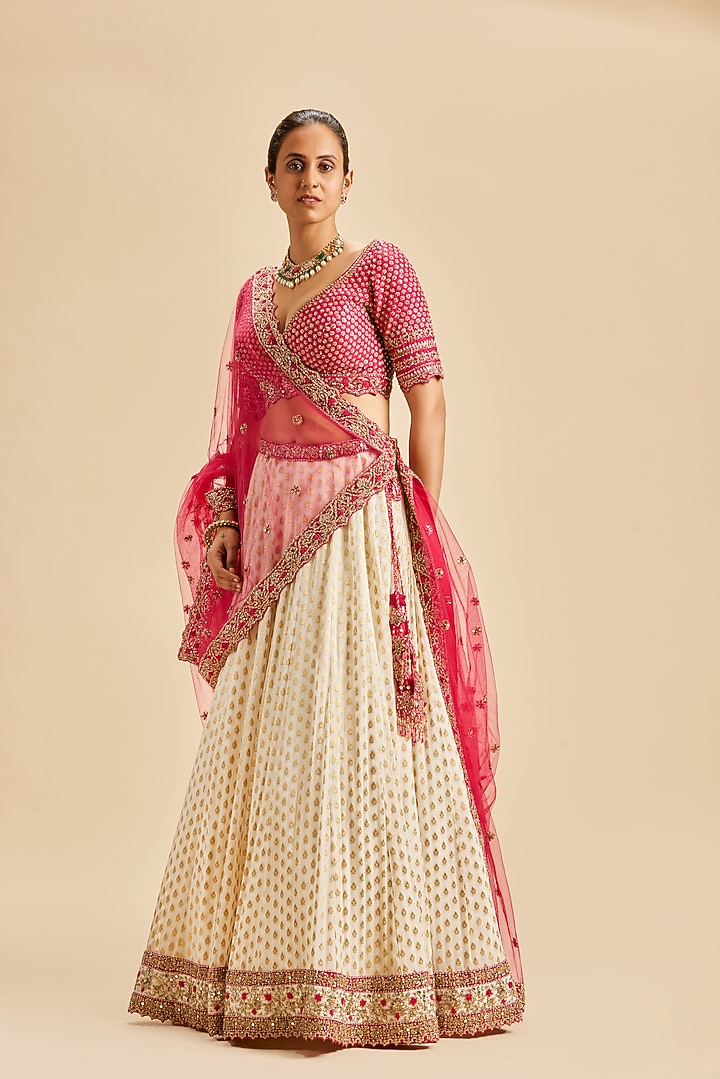 Ivory Georgette Zari Embroidered Banarasi Bridal Lehenga Set by NITIKA GUJRAL at Pernia's Pop Up Shop