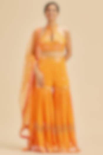 Orange Georgette Patra Embroidered Gharara Set by NITIKA GUJRAL