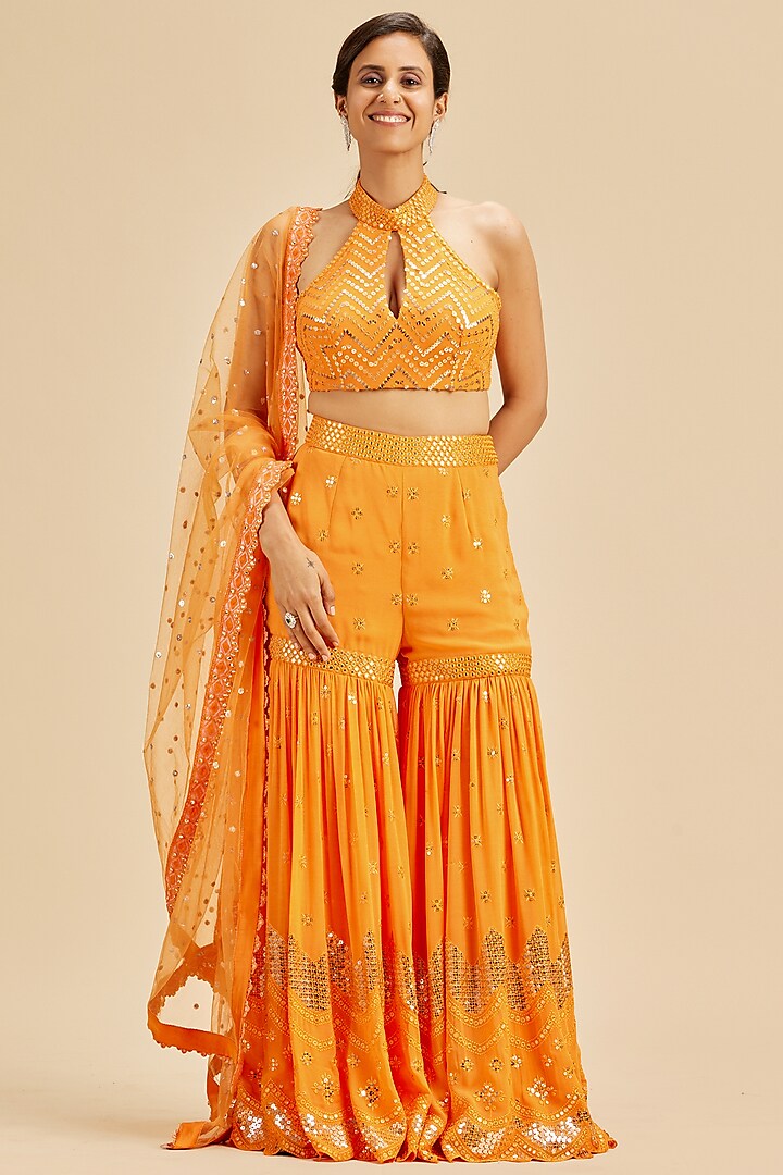 Orange Georgette Patra Embroidered Gharara Set by NITIKA GUJRAL