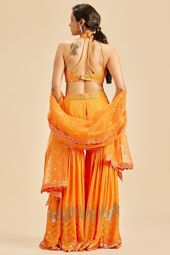 Orange Georgette Patra Embroidered Gharara Set by NITIKA GUJRAL at Pernia's Pop Up Shop