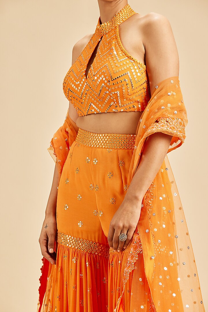 Orange Georgette Patra Embroidered Gharara Set by NITIKA GUJRAL at Pernia's Pop Up Shop