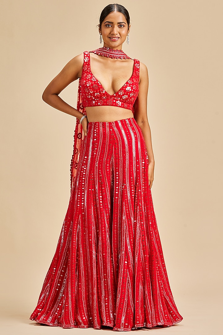 Red Georgette Embroidered Sharara Set by NITIKA GUJRAL at Pernia's Pop Up Shop