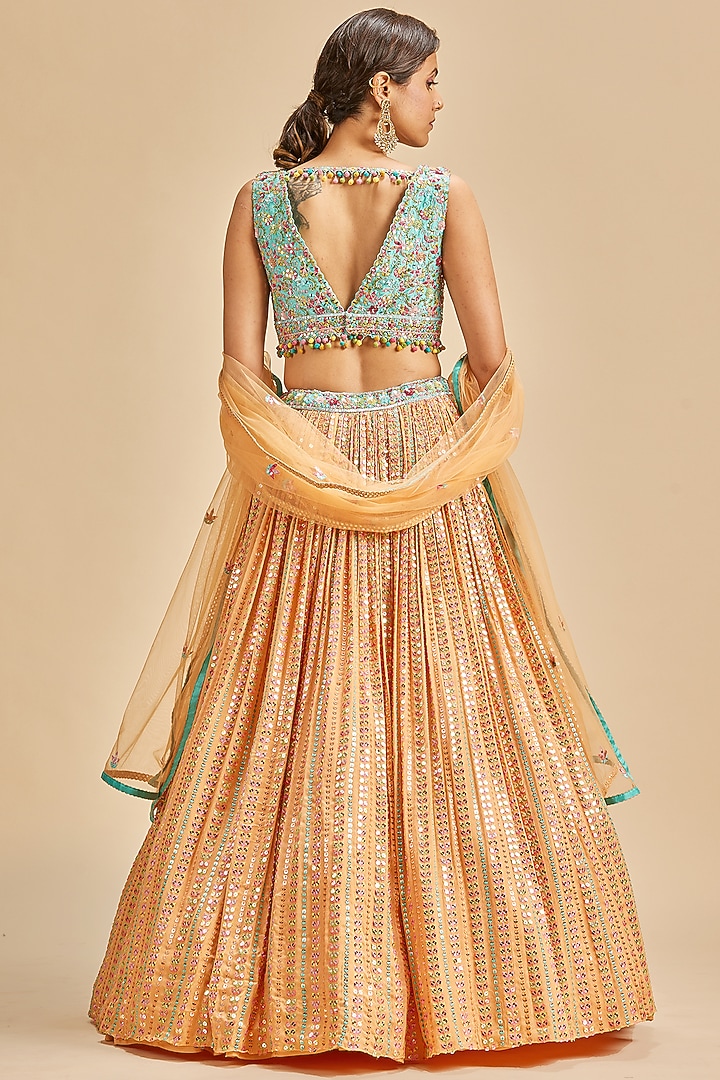 Orange Chinnon Resham Embroidered Wedding Lehenga Set by NITIKA GUJRAL at Pernia's Pop Up Shop