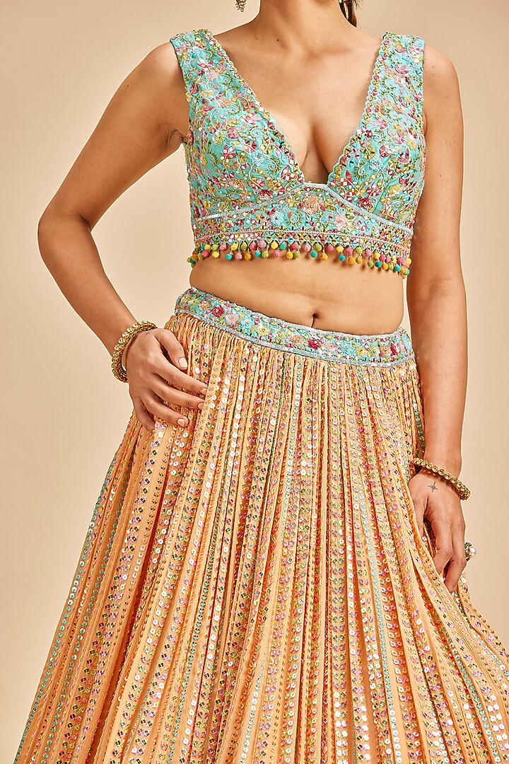 Orange Chinnon Resham Embroidered Wedding Lehenga Set by NITIKA GUJRAL at Pernia's Pop Up Shop