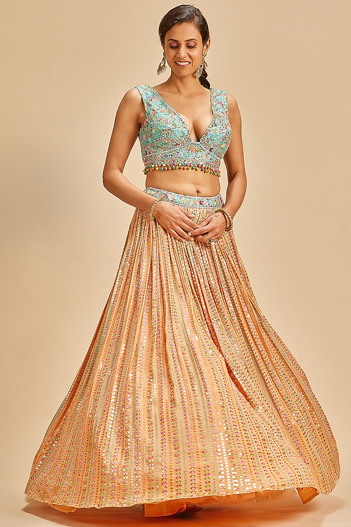 Orange Chinnon Resham Embroidered Wedding Lehenga Set by NITIKA GUJRAL at Pernia's Pop Up Shop