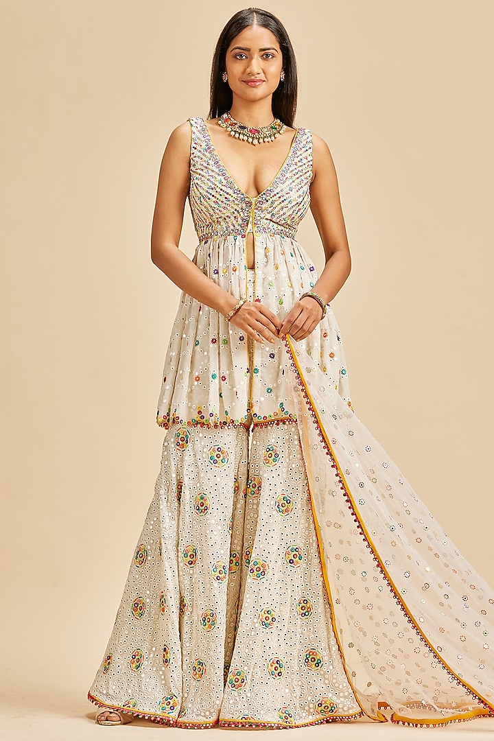 Off-White Georgette Embroidered Gharara Set by NITIKA GUJRAL