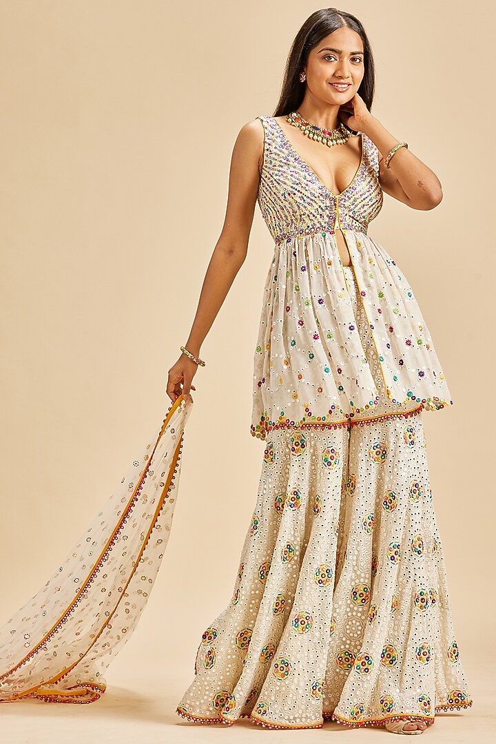 Off-White Georgette Embroidered Gharara Set by NITIKA GUJRAL at Pernia's Pop Up Shop