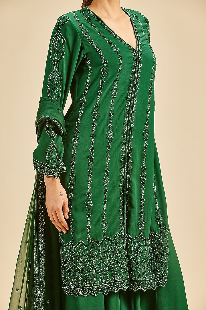 Bottle Green Georgette Bridal Sharara Set by NITIKA GUJRAL at Pernia's Pop Up Shop