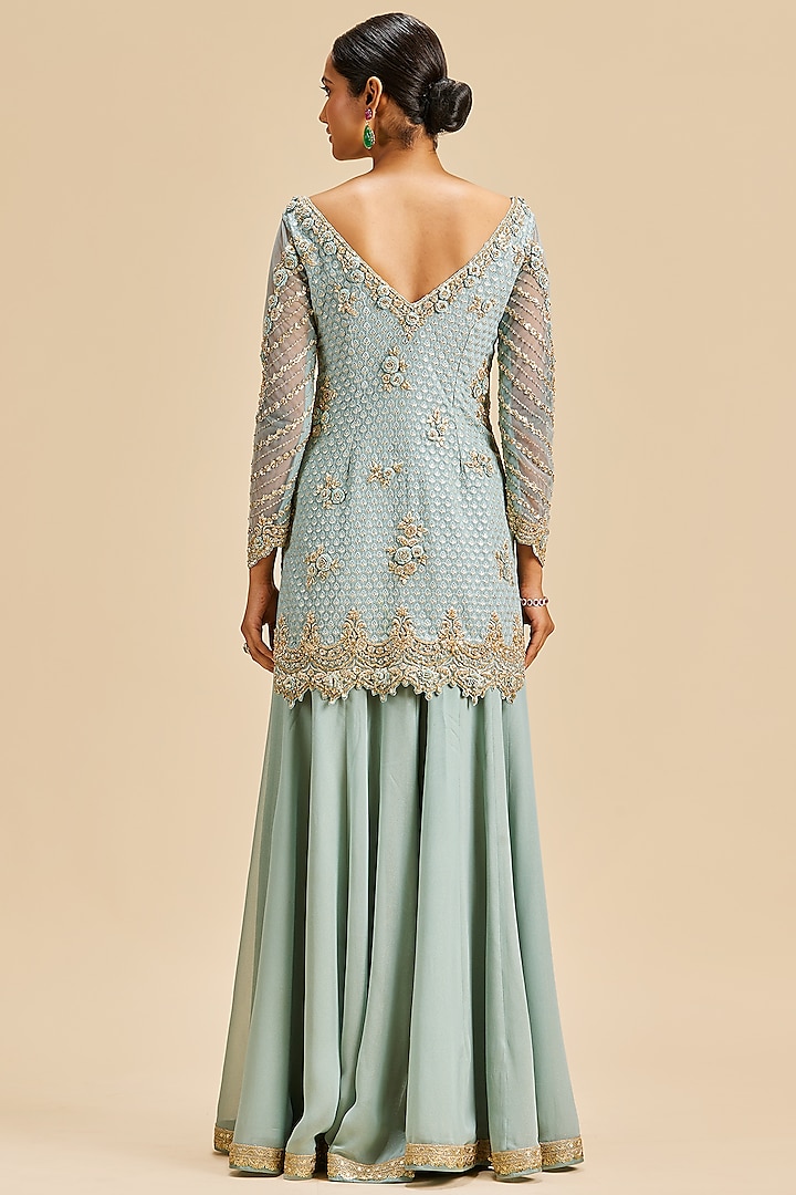 Dusty Blue Shimmer Georgette Wedding Sharara Set by NITIKA GUJRAL at Pernia's Pop Up Shop