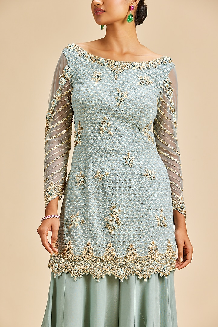 Dusty Blue Shimmer Georgette Wedding Sharara Set by NITIKA GUJRAL at Pernia's Pop Up Shop