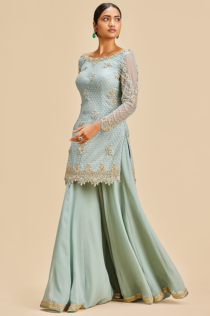 Dusty Blue Shimmer Georgette Wedding Sharara Set by NITIKA GUJRAL at Pernia's Pop Up Shop