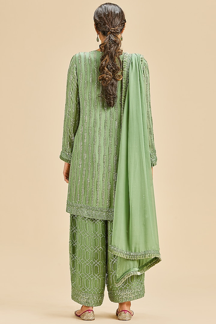 Olive Green Georgette Sequins Embroidered Kurta Set by NITIKA GUJRAL at Pernia's Pop Up Shop