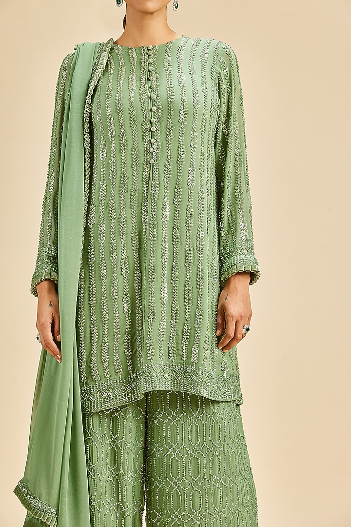 Olive Green Georgette Sequins Embroidered Kurta Set by NITIKA GUJRAL at Pernia's Pop Up Shop
