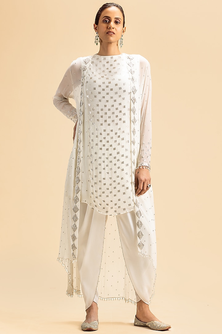 Off-White Pure Chiffon Pearl Embroidered Jacket Set by NITIKA GUJRAL at Pernia's Pop Up Shop