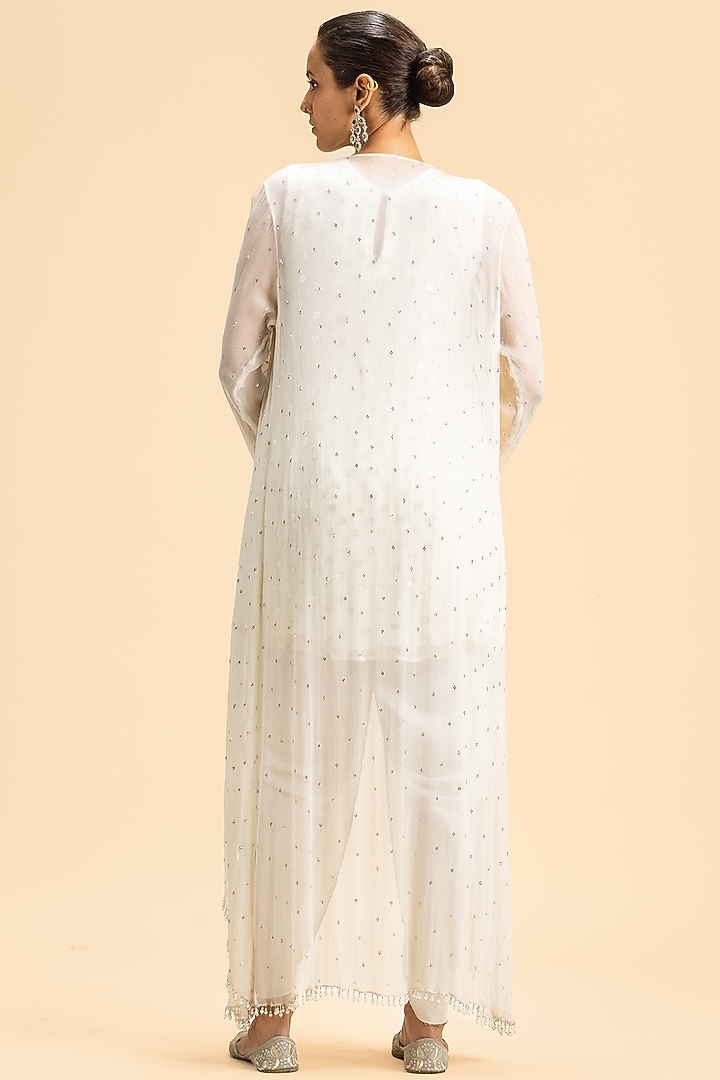 Off-White Pure Chiffon Pearl Embroidered Jacket Set by NITIKA GUJRAL at Pernia's Pop Up Shop
