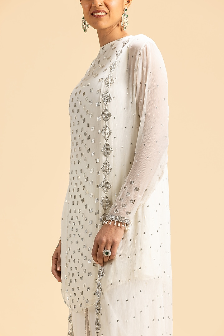 Off-White Pure Chiffon Pearl Embroidered Jacket Set by NITIKA GUJRAL at Pernia's Pop Up Shop