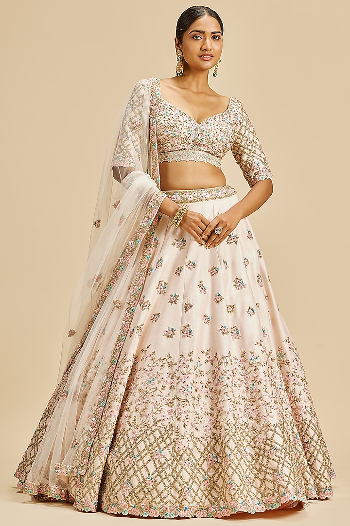 Blush Pink Raw Silk Resham Embroidered Lehenga Set by NITIKA GUJRAL