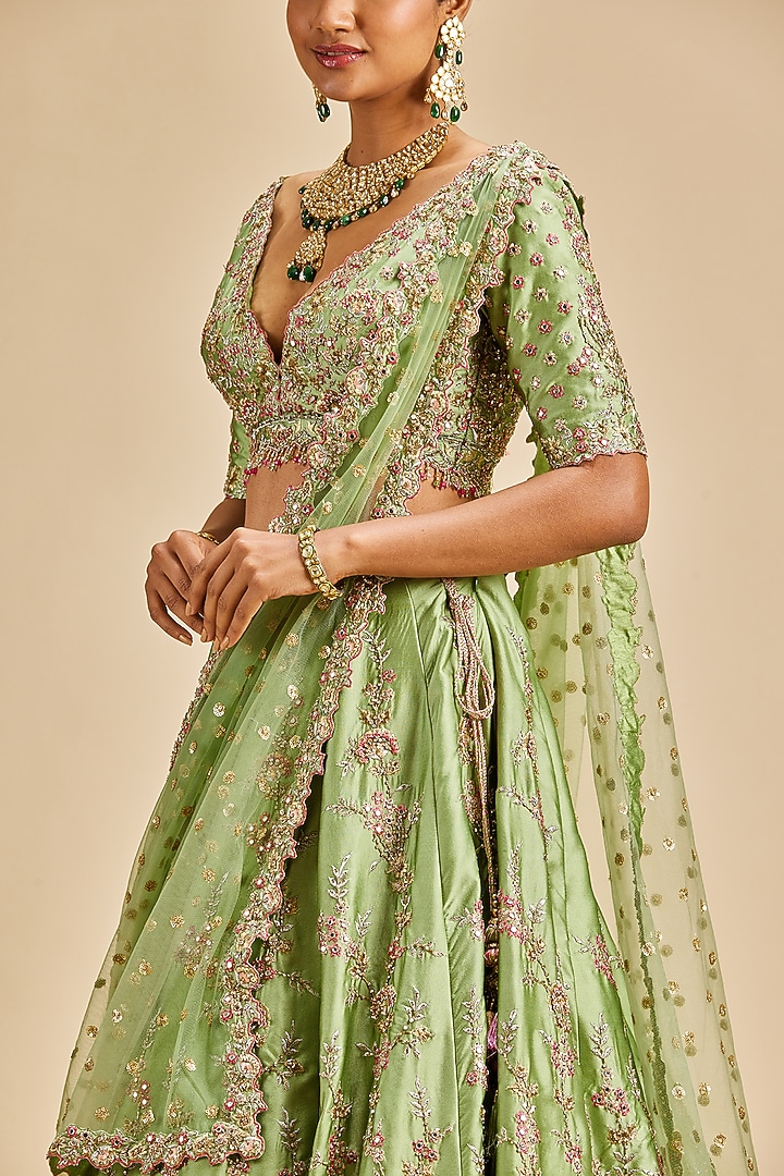 Jade Green Taffeta Zari Embroidered Bridal Lehenga Set by NITIKA GUJRAL at Pernia's Pop Up Shop
