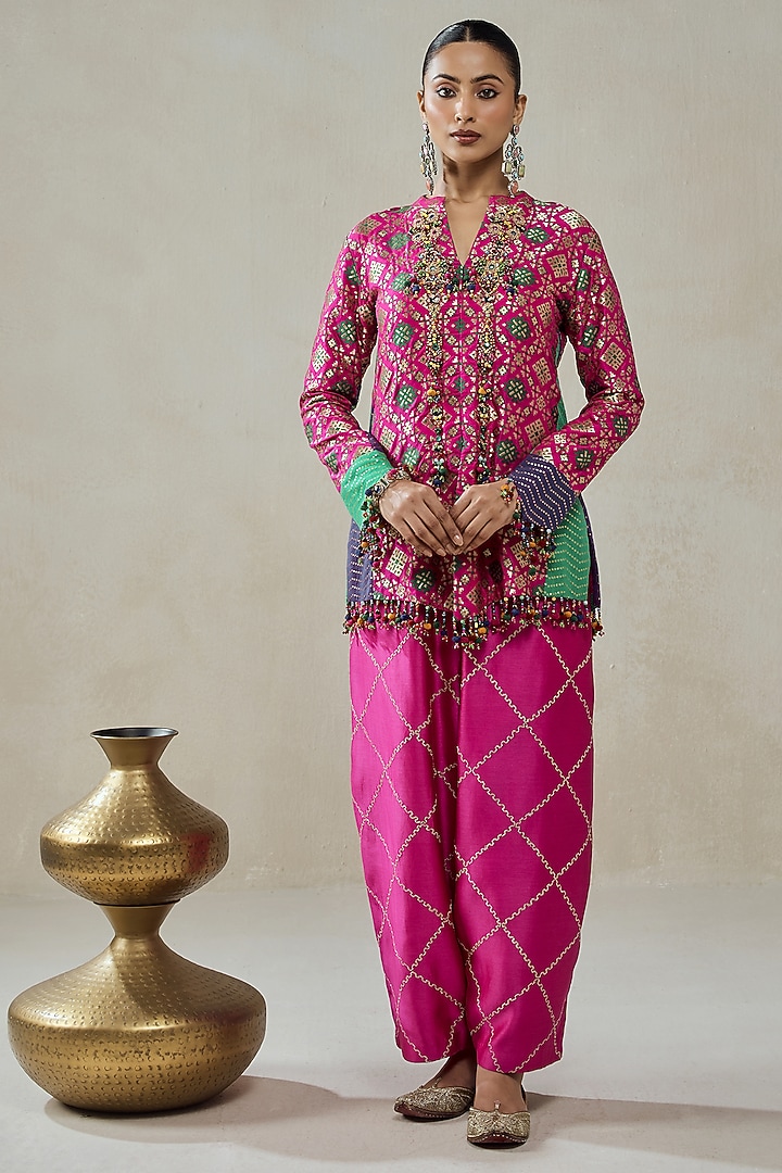 Fuchsia Patola Silk Short Jacket Set by NITIKA GUJRAL at Pernia's Pop Up Shop