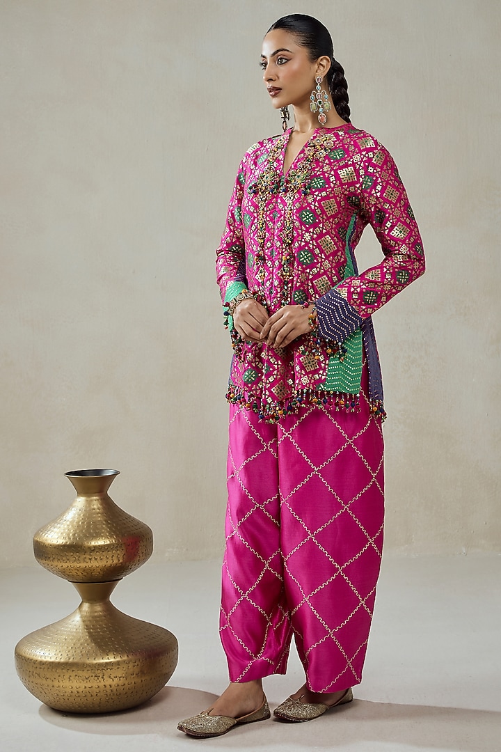 Fuchsia Patola Silk Short Jacket Set by NITIKA GUJRAL at Pernia's Pop Up Shop