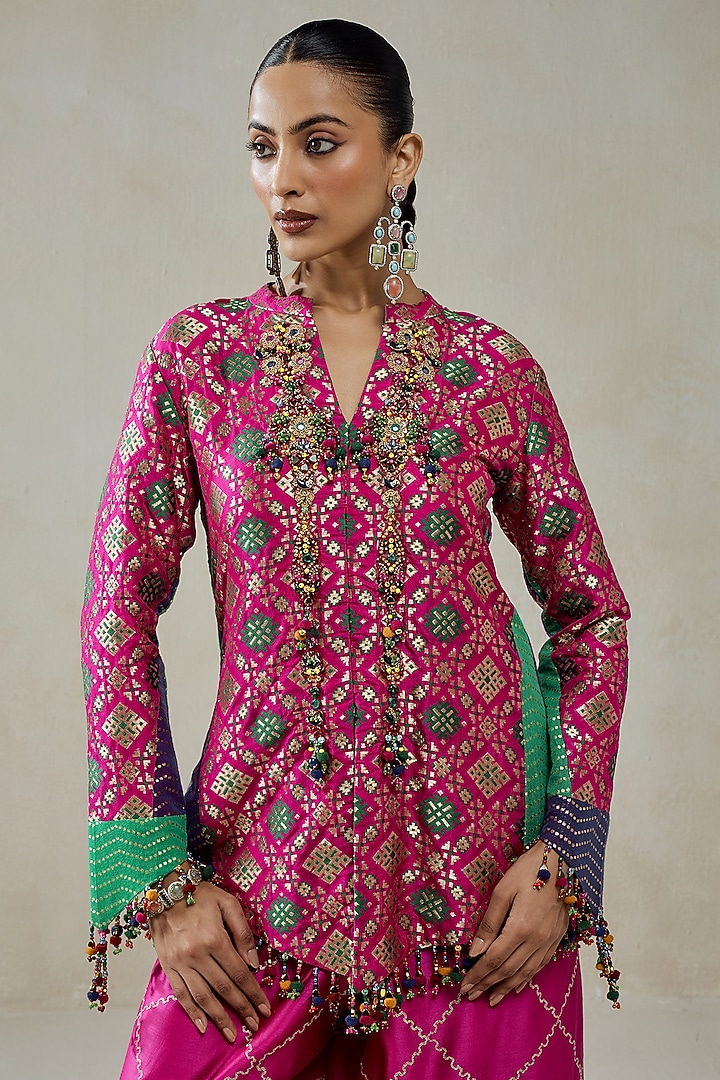 Fuchsia Patola Silk Short Jacket Set by NITIKA GUJRAL at Pernia's Pop Up Shop