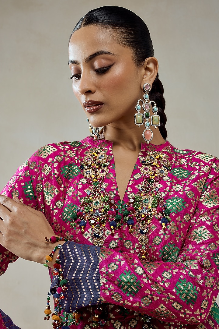 Fuchsia Patola Silk Short Jacket Set by NITIKA GUJRAL at Pernia's Pop Up Shop