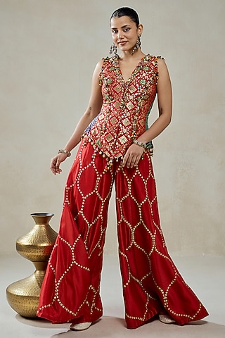 Red Patola Silk Sharara Set by NITIKA GUJRAL