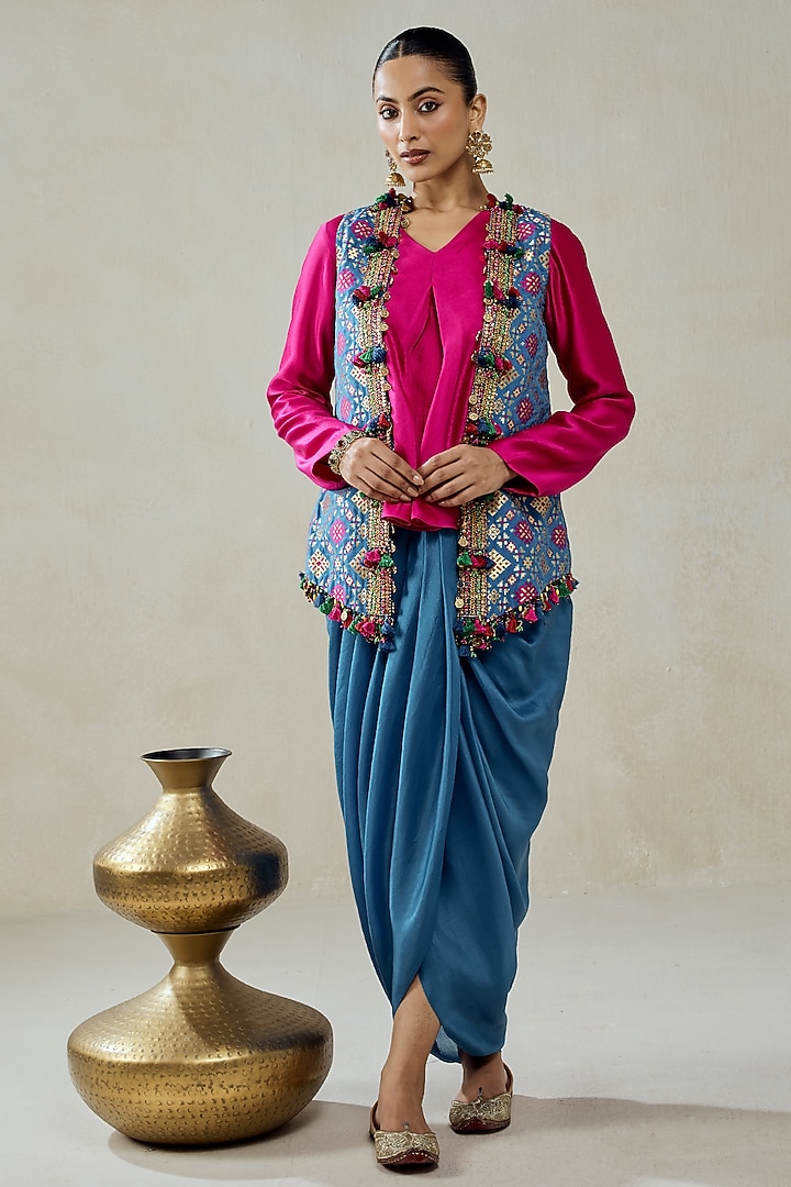 Royal Blue Patola Silk Layered Jacket Set by NITIKA GUJRAL at Pernia's Pop Up Shop