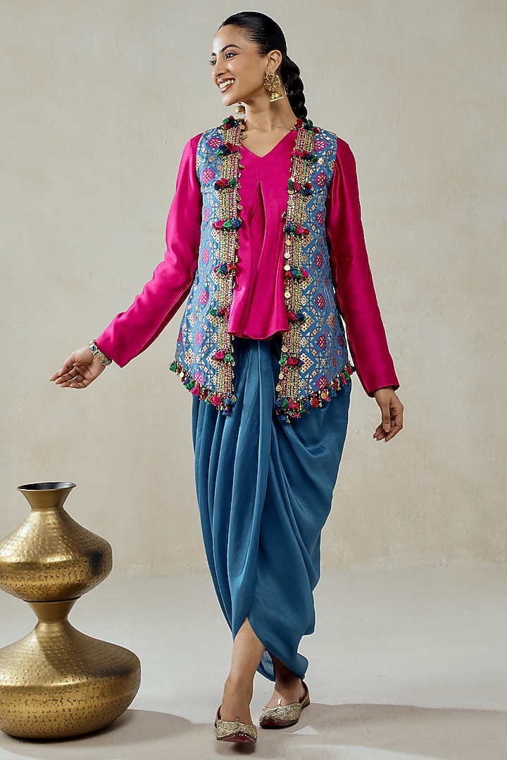 Royal Blue Patola Silk Layered Jacket Set by NITIKA GUJRAL at Pernia's Pop Up Shop