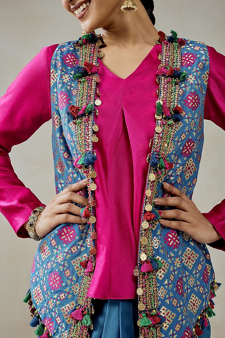 Royal Blue Patola Silk Layered Jacket Set by NITIKA GUJRAL at Pernia's Pop Up Shop
