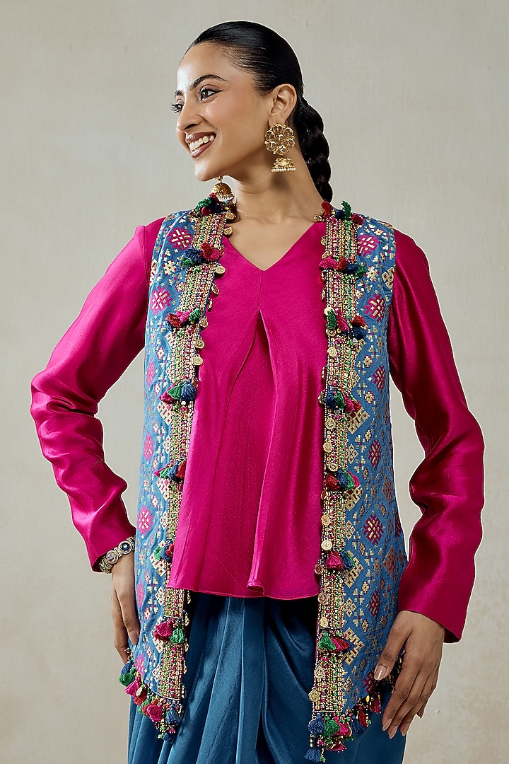 Royal Blue Patola Silk Layered Jacket Set by NITIKA GUJRAL at Pernia's Pop Up Shop