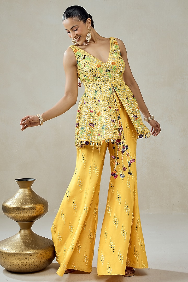 Yellow Viscose Georgette Bridal Sharara Set by NITIKA GUJRAL at Pernia's Pop Up Shop