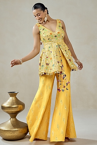 Yellow Viscose Georgette Sharara Set by NITIKA GUJRAL
