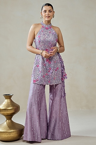 Mauve Raw Silk Sharara Set by NITIKA GUJRAL