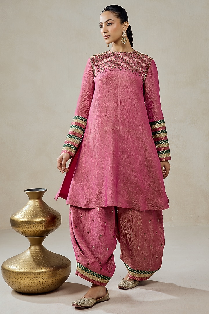 Rose Pink Crushed Tissue Beads Embroidered Kurta Set by NITIKA GUJRAL at Pernia's Pop Up Shop