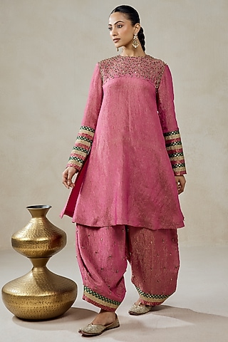 Rose Pink Crushed Tissue Beads Embroidered Kurta Set by NITIKA GUJRAL