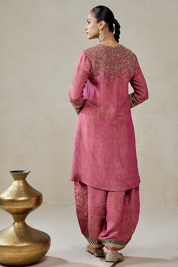 Rose Pink Crushed Tissue Beads Embroidered Kurta Set by NITIKA GUJRAL at Pernia's Pop Up Shop