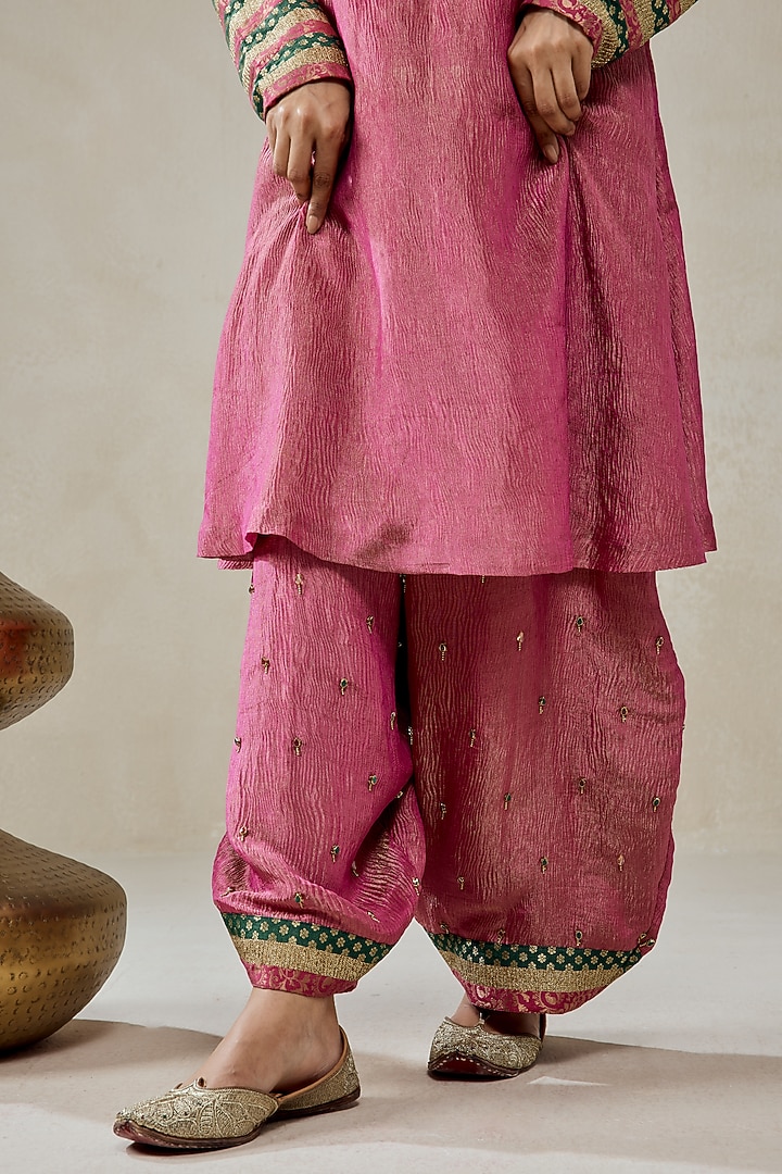 Rose Pink Crushed Tissue Beads Embroidered Kurta Set by NITIKA GUJRAL at Pernia's Pop Up Shop