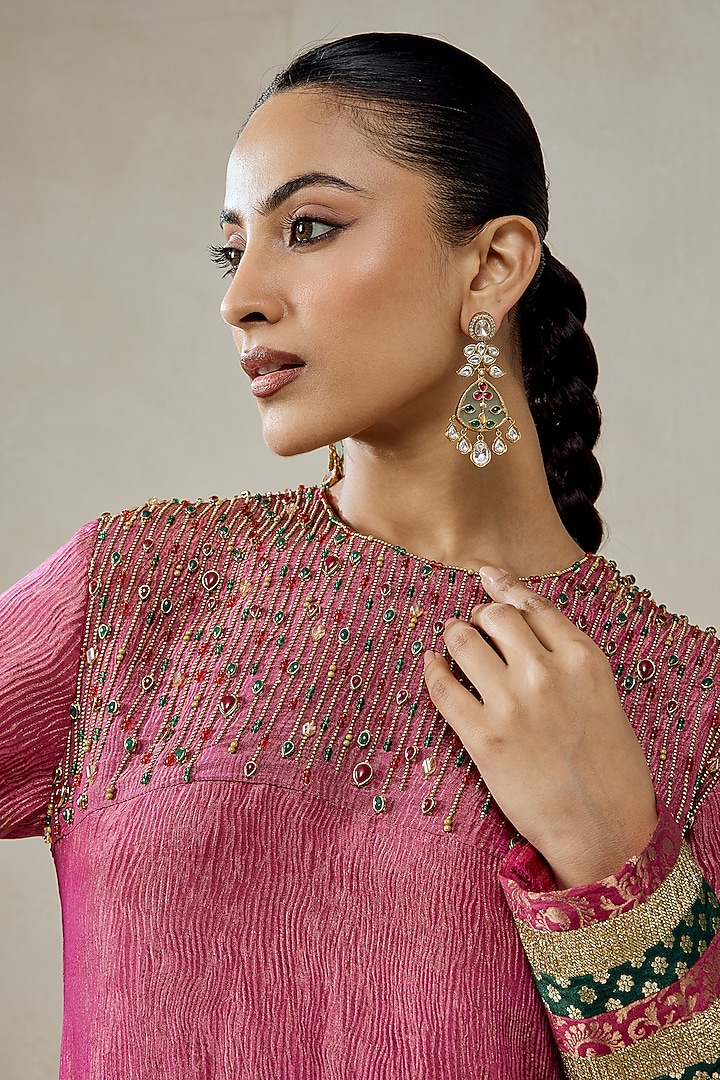 Rose Pink Crushed Tissue Beads Embroidered Kurta Set by NITIKA GUJRAL at Pernia's Pop Up Shop