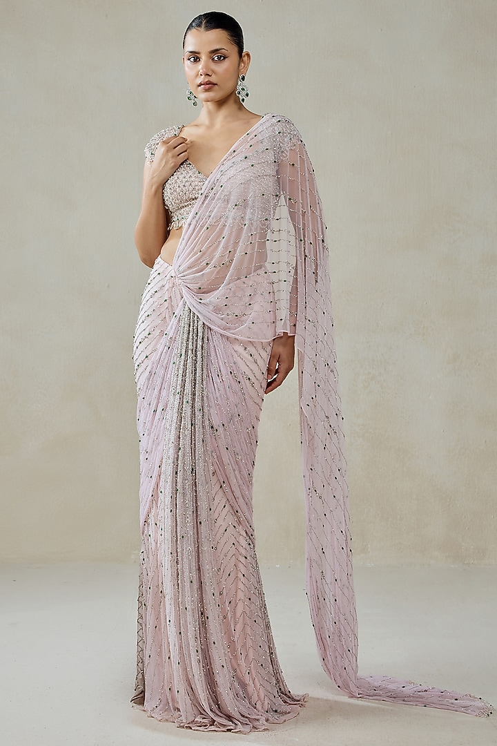Baby Pink Net & Satin Pre-Draped Bridal Saree Set by NITIKA GUJRAL at Pernia's Pop Up Shop