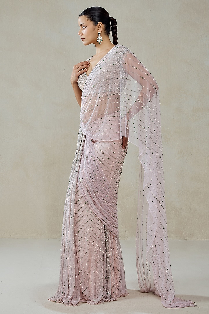 Baby Pink Net & Satin Pre-Draped Bridal Saree Set by NITIKA GUJRAL at Pernia's Pop Up Shop