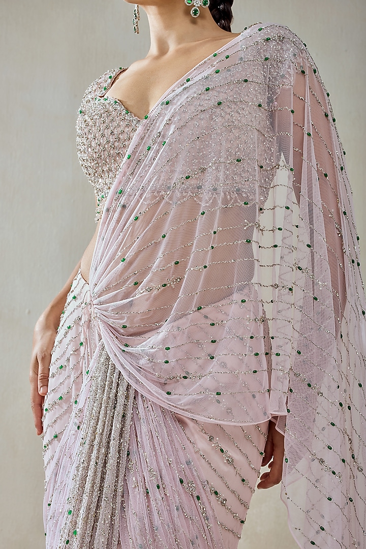 Baby Pink Net & Satin Pre-Draped Bridal Saree Set by NITIKA GUJRAL at Pernia's Pop Up Shop