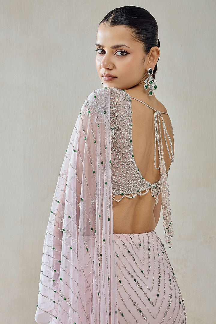 Baby Pink Net & Satin Pre-Draped Bridal Saree Set by NITIKA GUJRAL at Pernia's Pop Up Shop