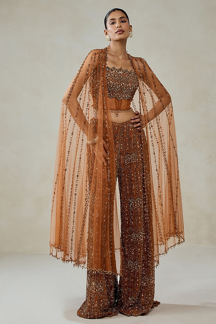 Copper Net Hand Embellished Sheer Cape Set by NITIKA GUJRAL at Pernia's Pop Up Shop
